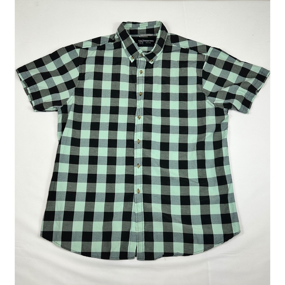 Straight Faded Button Up Men's Buffalo Plaid Short Sleeve Mint Green XXL‎
